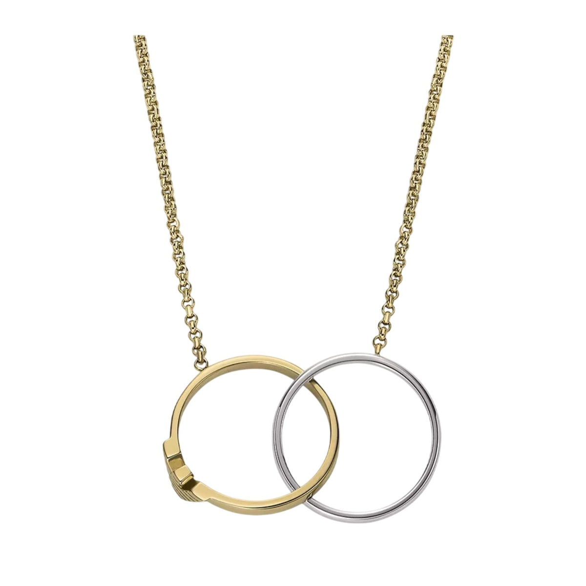 Close-up view of Emporio Armani mens two-tone stainless steel necklace EGS3231710 with interlocking gold and silver tone ring pendants