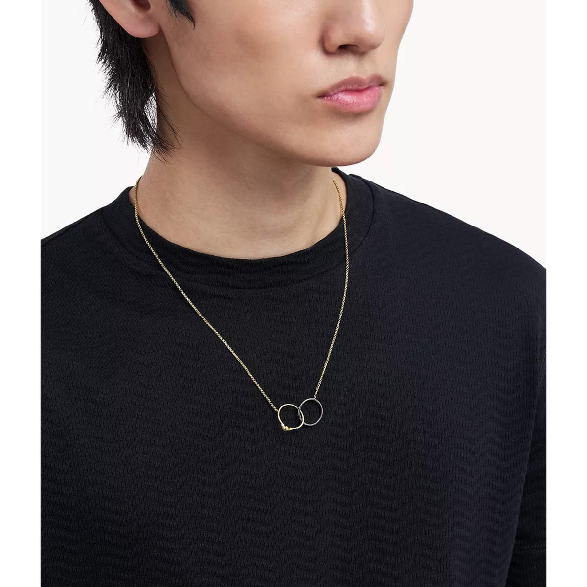 Model wearing Emporio Armani mens dual-circle pendant chain necklace EGS3231710