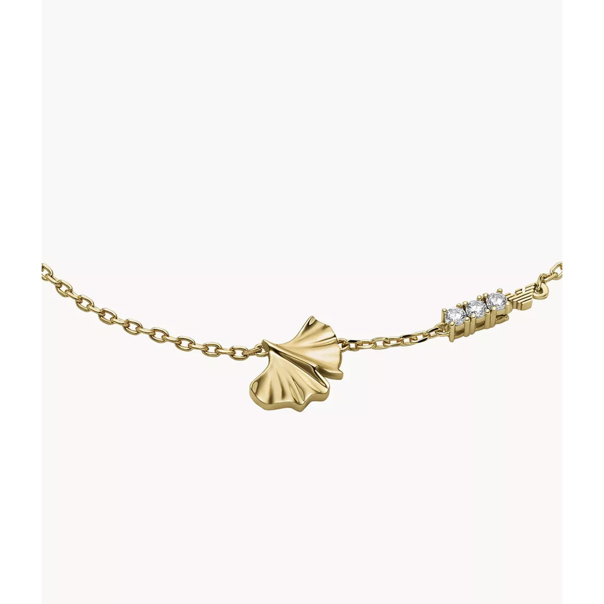 Close-up view of Emporio Armani womens gold tone brass ID bracelet EGS3263710 featuring textured leaf pendant and crystal accents