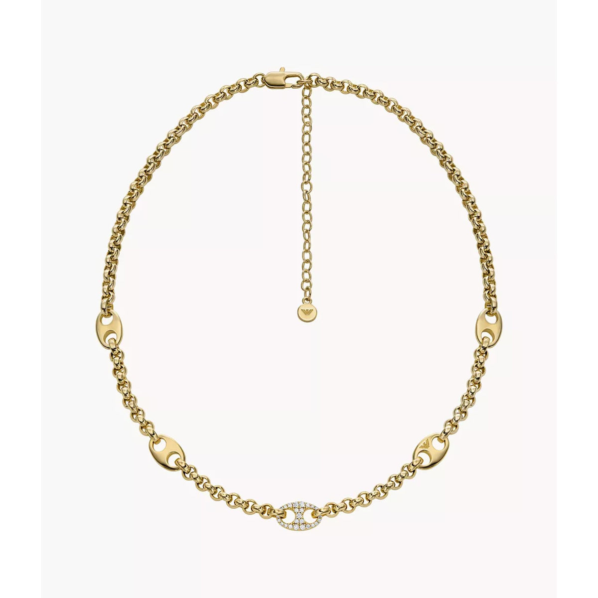 Gold-tone chain necklace with toggle clasp, oval station links, and dangling charm