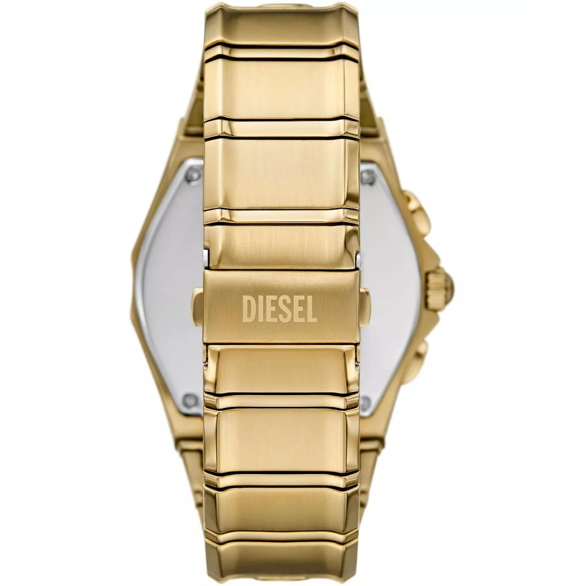 Gold-tone steel watch front with DIESEL logo on the dial window and bracelet links