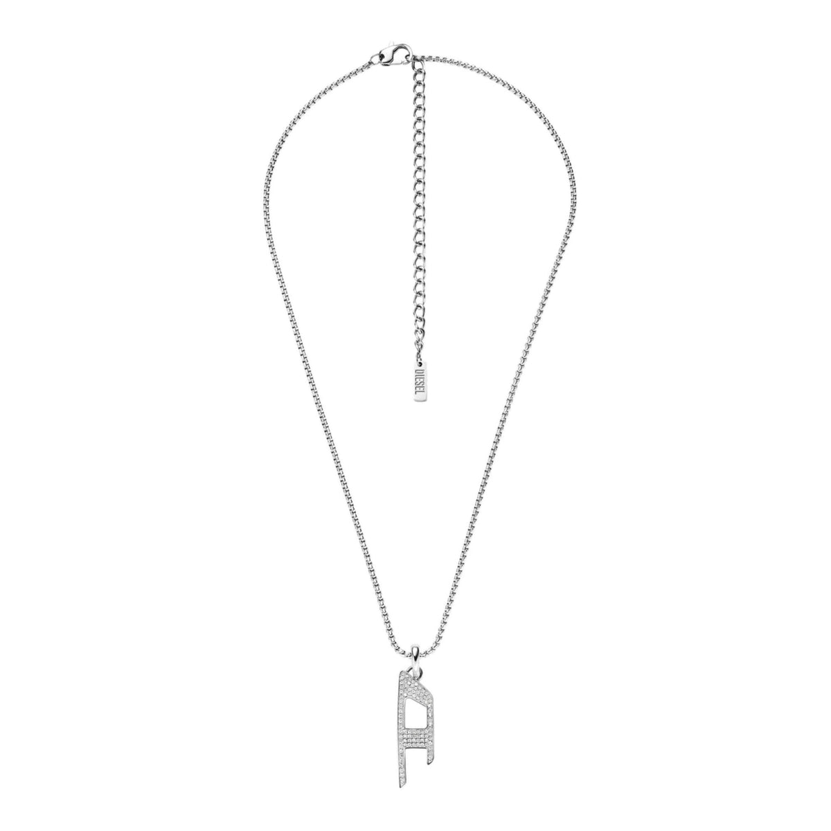 Stainless steel pendant necklace with sparkling letter F charm on a cable chain
