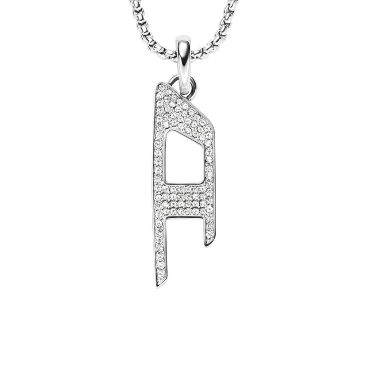 Stainless steel letter F pendant with clear stones, hanging from a chain