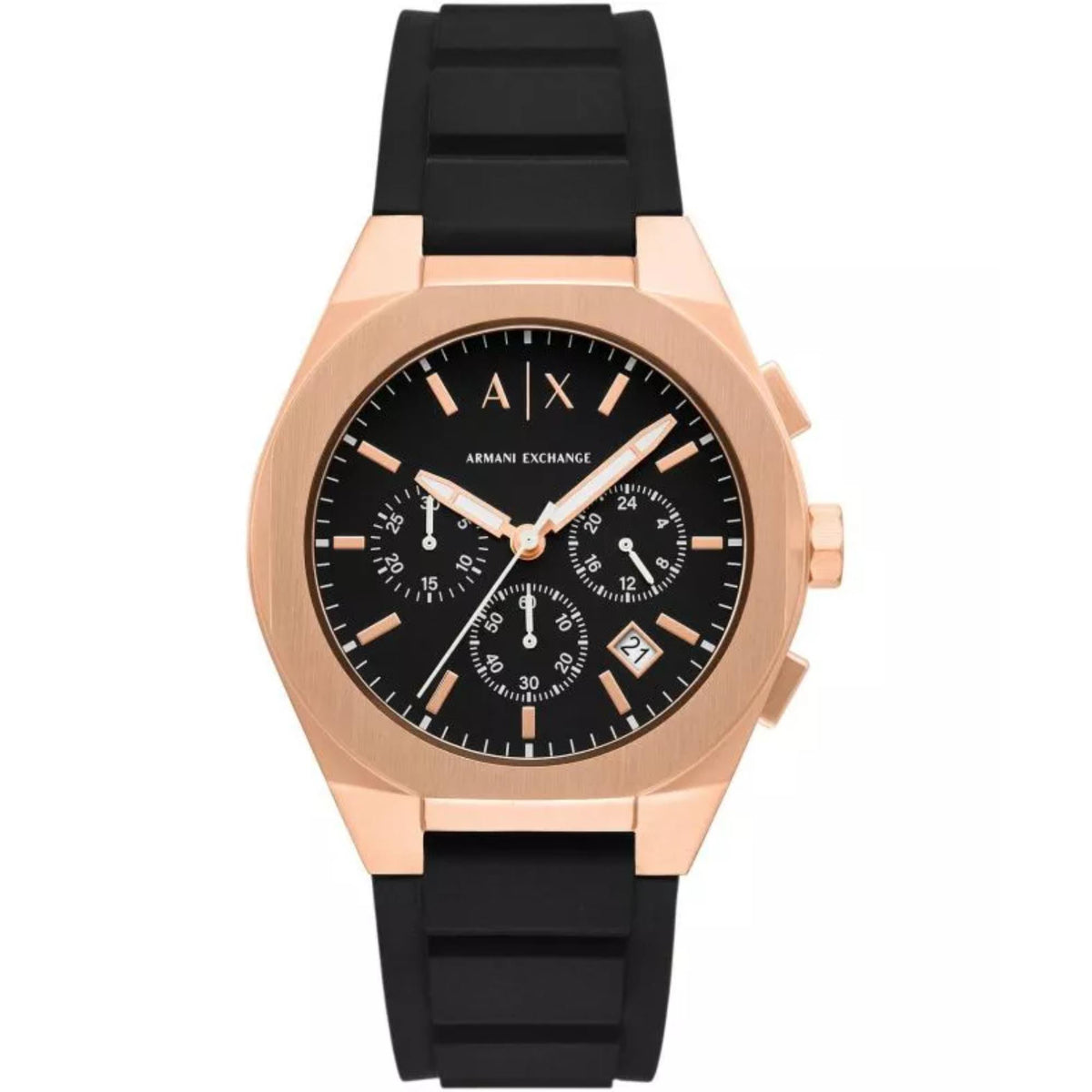 Armani Exchange Sync quartz watch AX4190 front view showing black chronograph dial with sub-dials and silicone strap