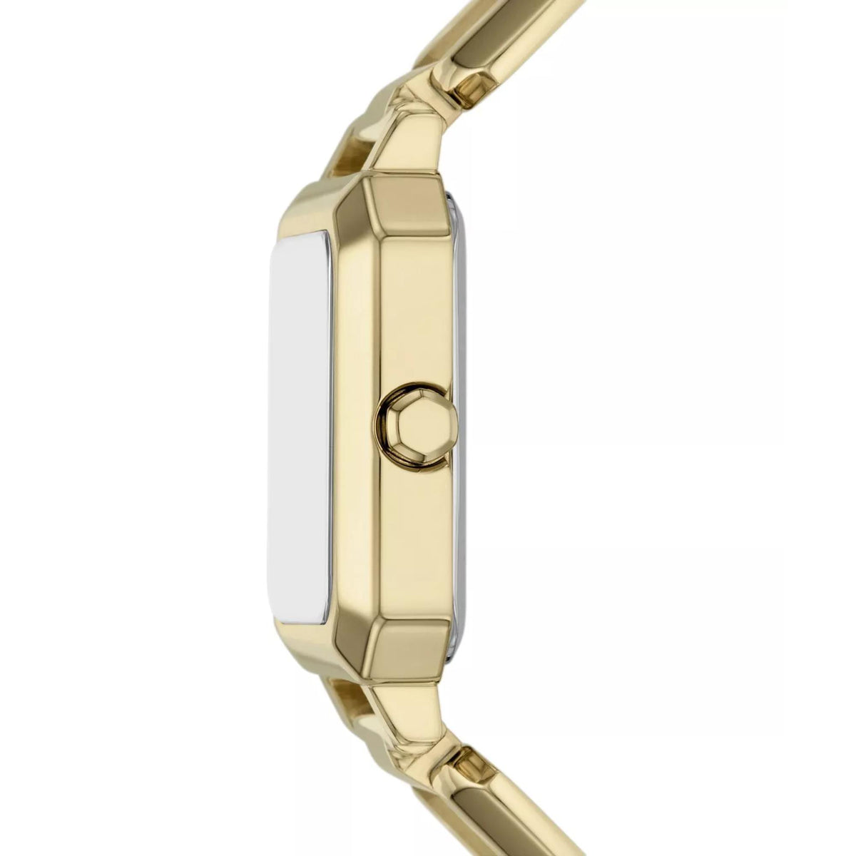 Gold-tone watch case and linked metal bracelet, side view with crown