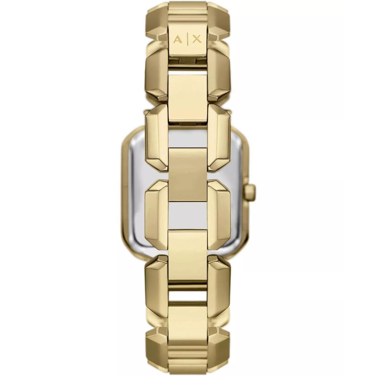 Gold-tone segmented link bracelet detail with A|X mark near watch latch