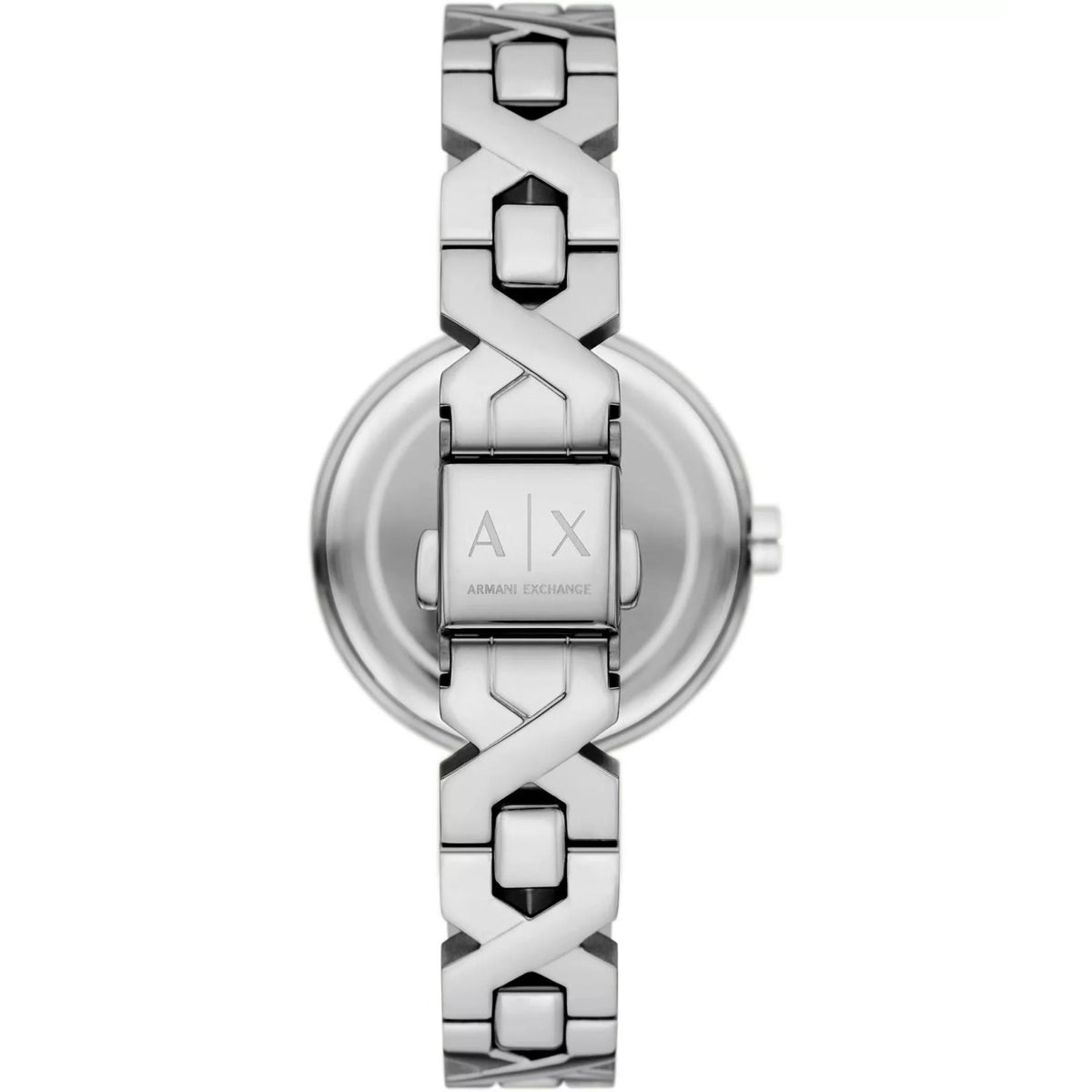 Silver Armani Exchange watch with engraved logo on case near clasp; steel bracelet.