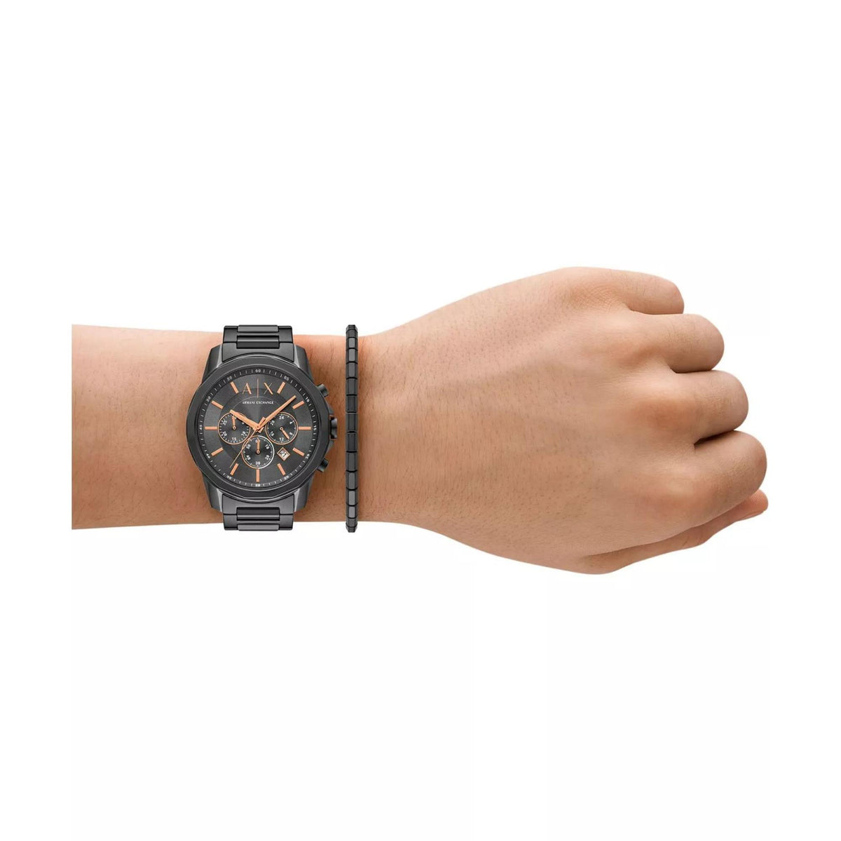 Men's chronograph wristwatch with dark steel bracelet, grey dial, and orange accents
