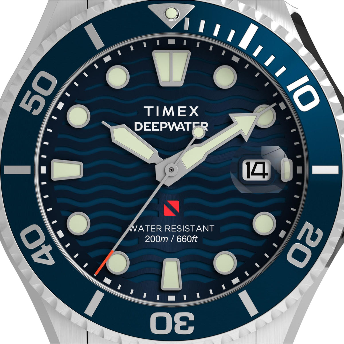 Men's steel dive watch blue dial with luminous hour markers, hands and date at 14