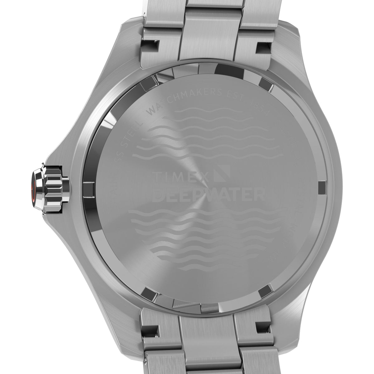 Men's steel diver watch caseback with wavy pattern and orange-capped crown