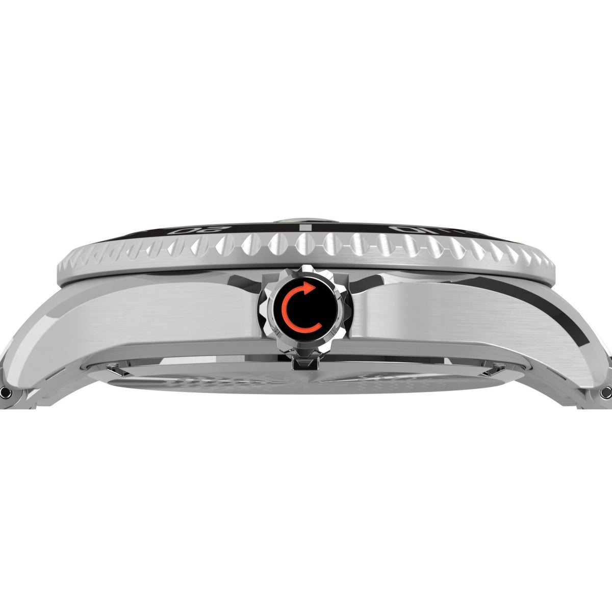 Men's steel dive watch side view with ridged bezel and crown