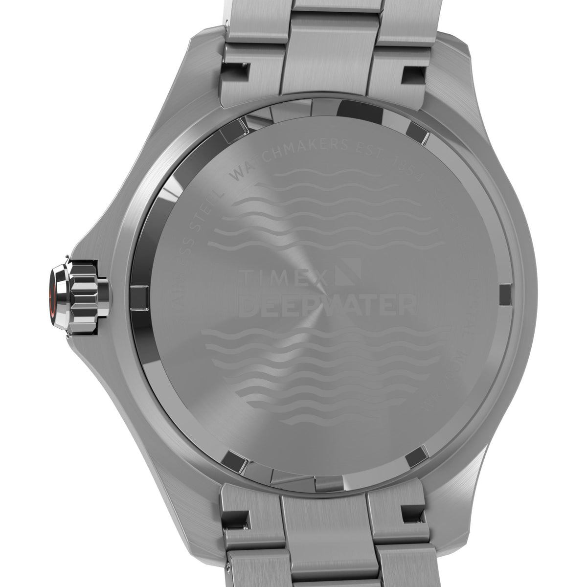 Men's steel dive watch caseback with wavy pattern and link bracelet