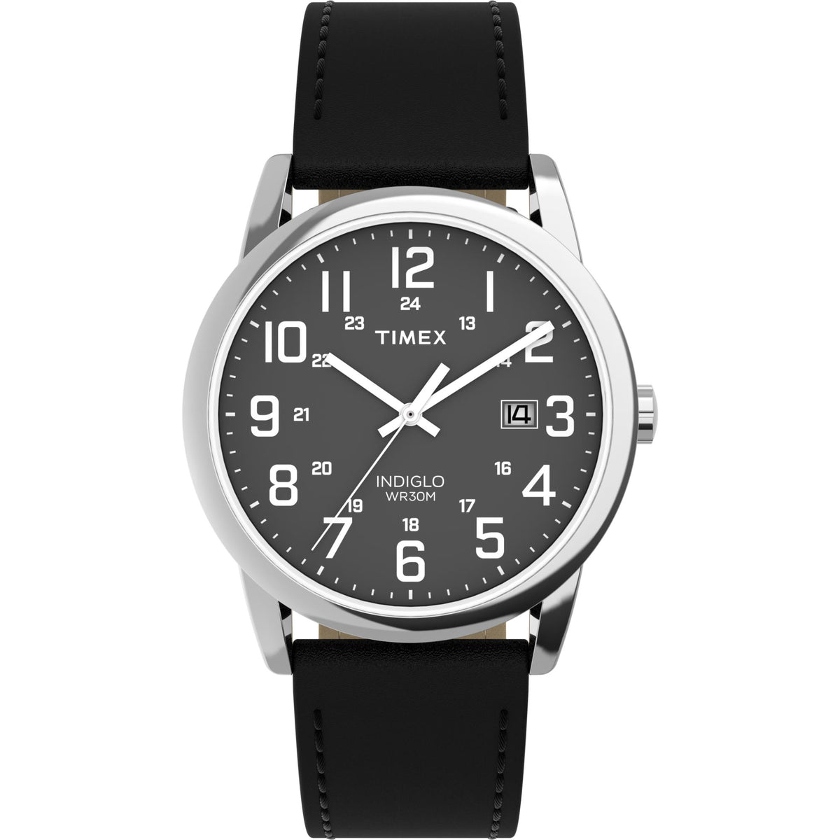 Men's quartz wristwatch with black dial and black leather strap, silver case