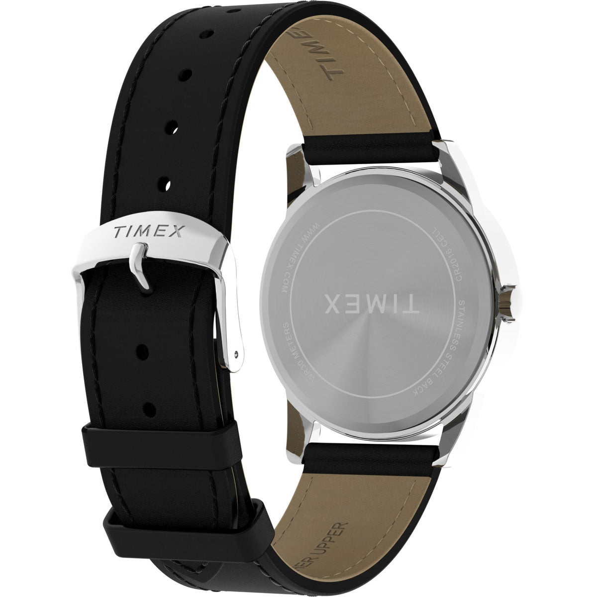 Quartz wristwatch with black leather strap and silver case back, bezel detail