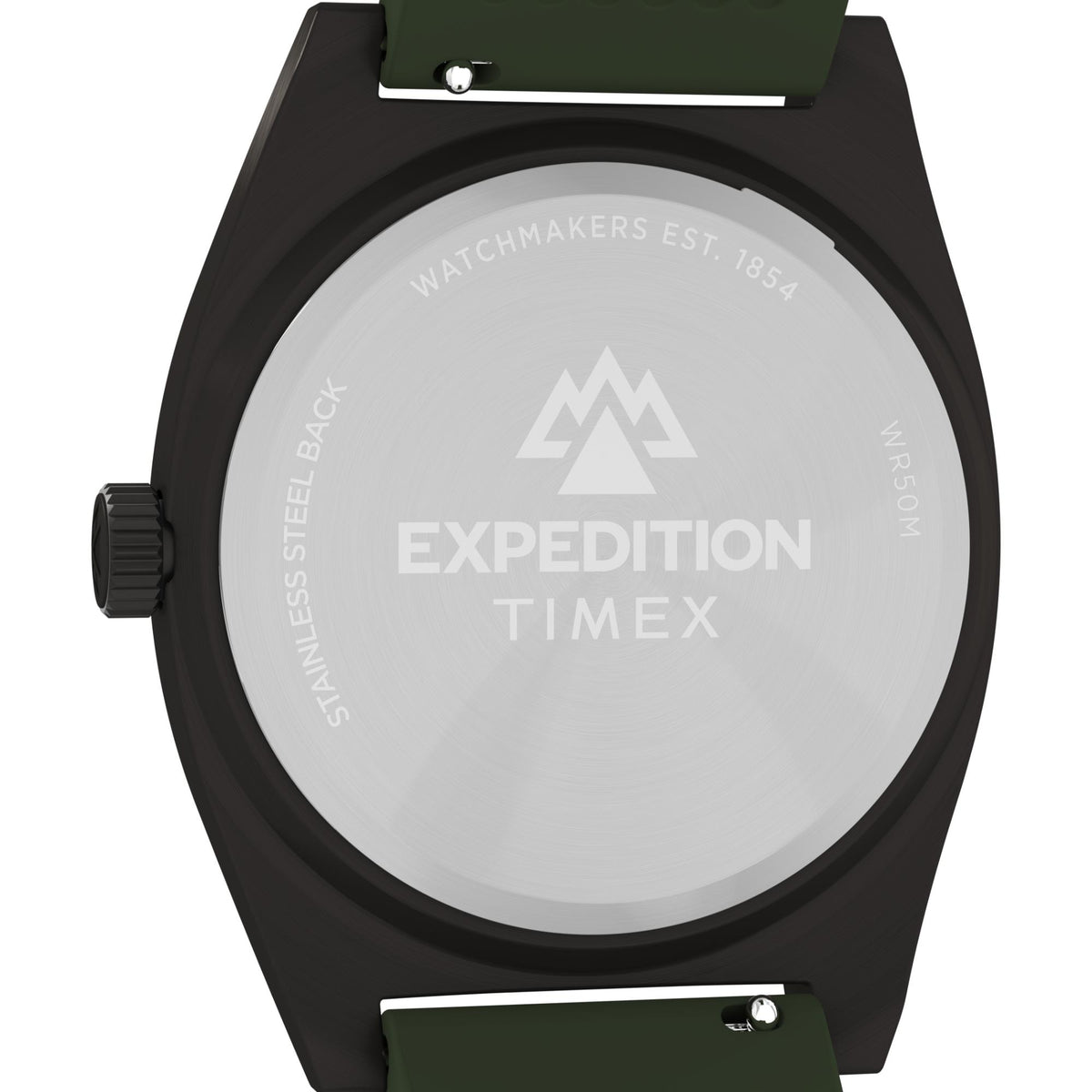 Men's watch caseback with Expedition Timex branding and water-resistant markings