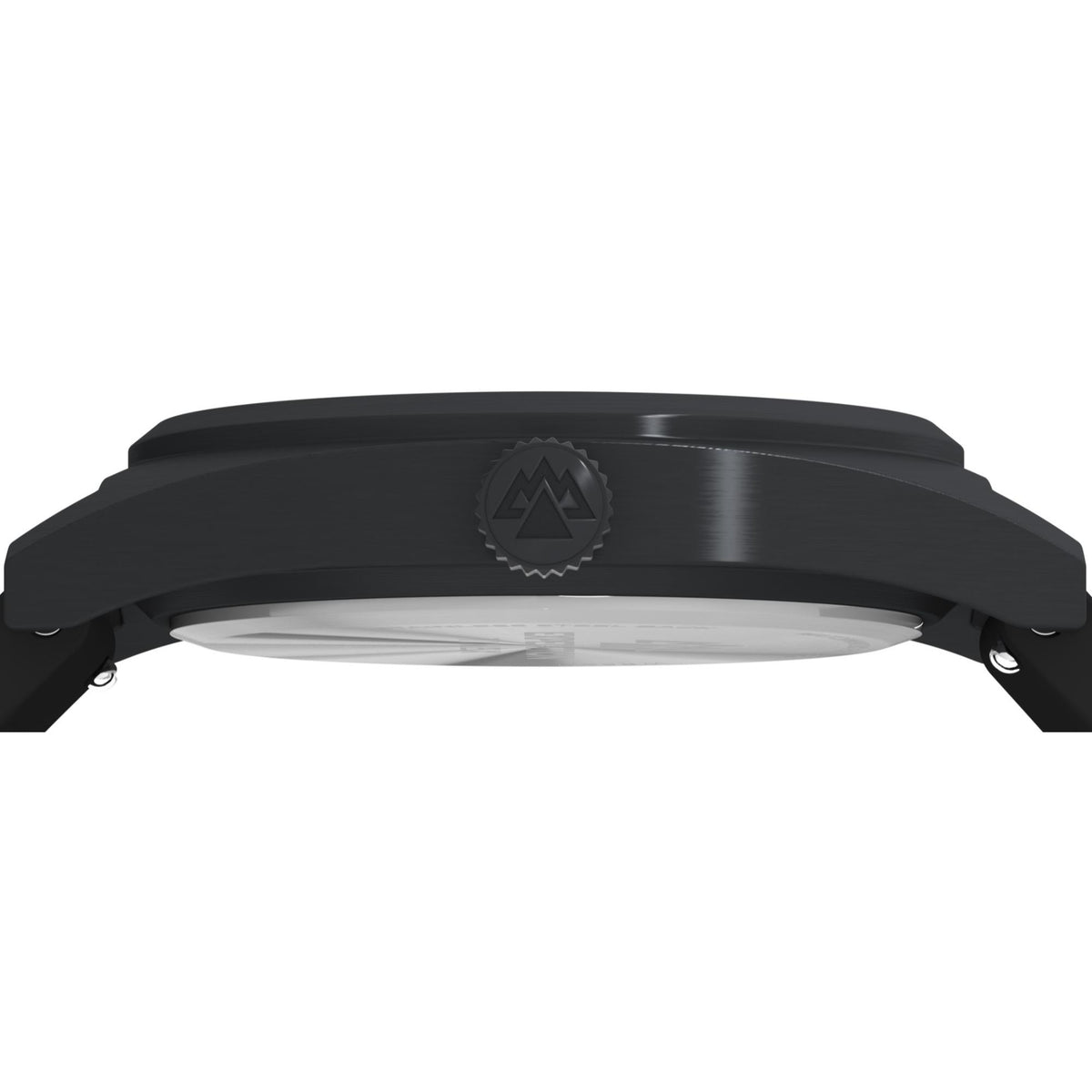 Timex Expedition watch case and crown with black silicone strap, side view