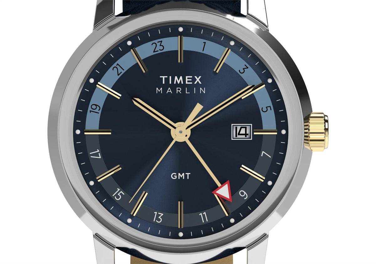 Men's quartz watch with blue dial, gold indices, GMT subdial, and leather strap
