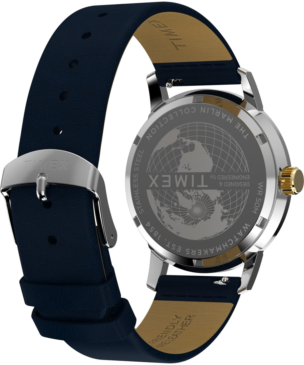 Men's quartz watch back with world map engraving and dark blue leather strap
