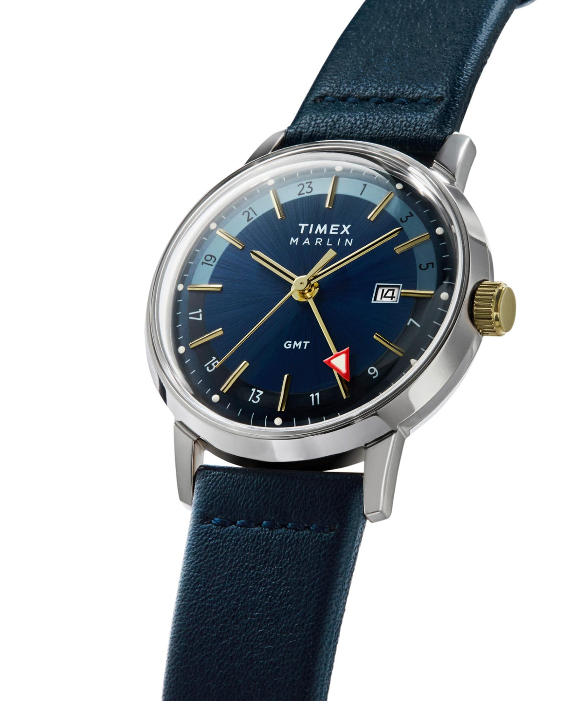 Men's quartz watch angled view with blue dial, gold hands, GMT marker, leather strap