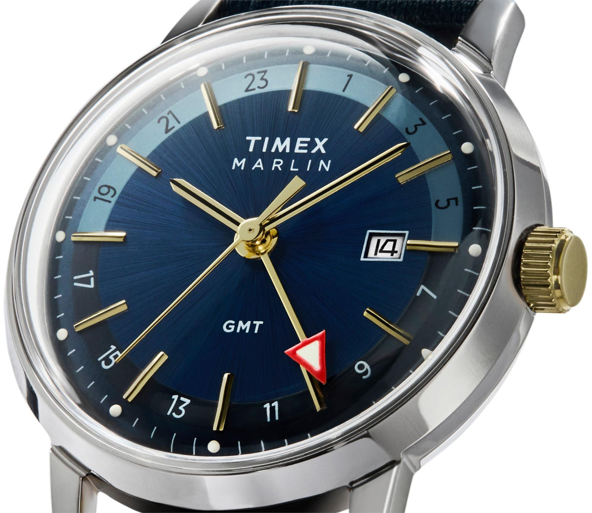 Men's quartz watch close-up of blue dial with gold markers, hands, and date window