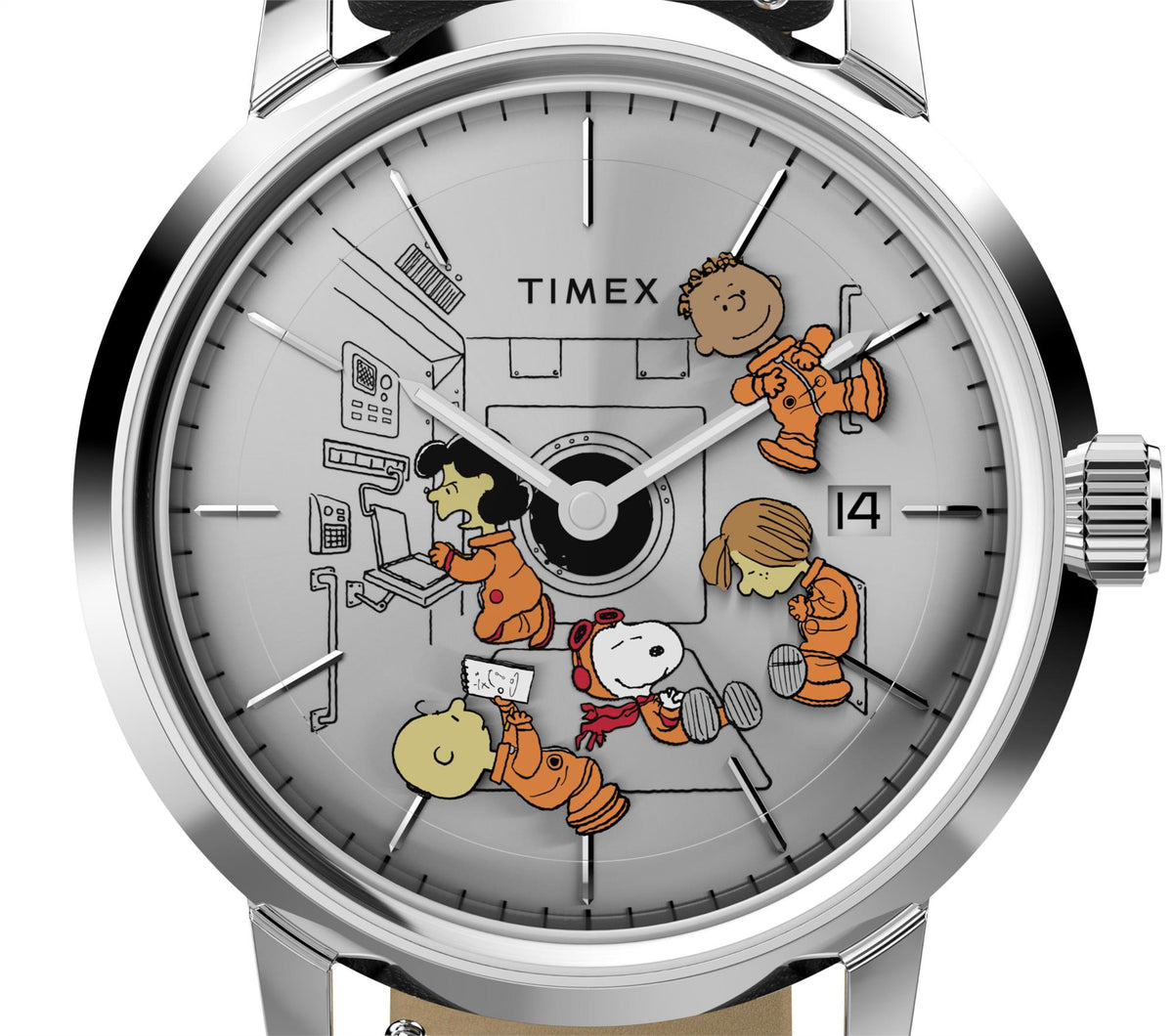 Timex Peanuts watch close-up: silver case, white dial with character print and hands