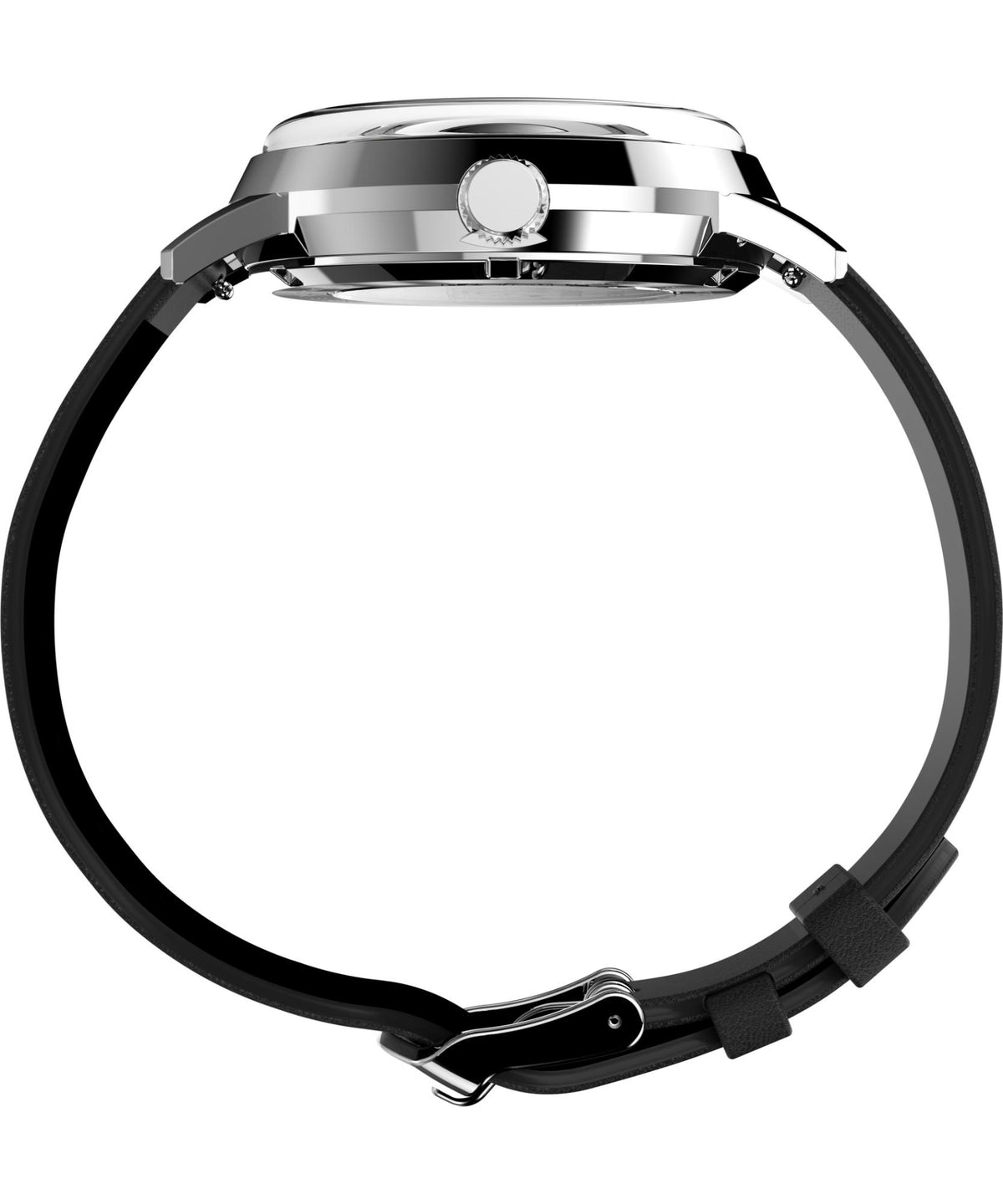 Timex Peanuts watch case back with silver bezel and black leather band