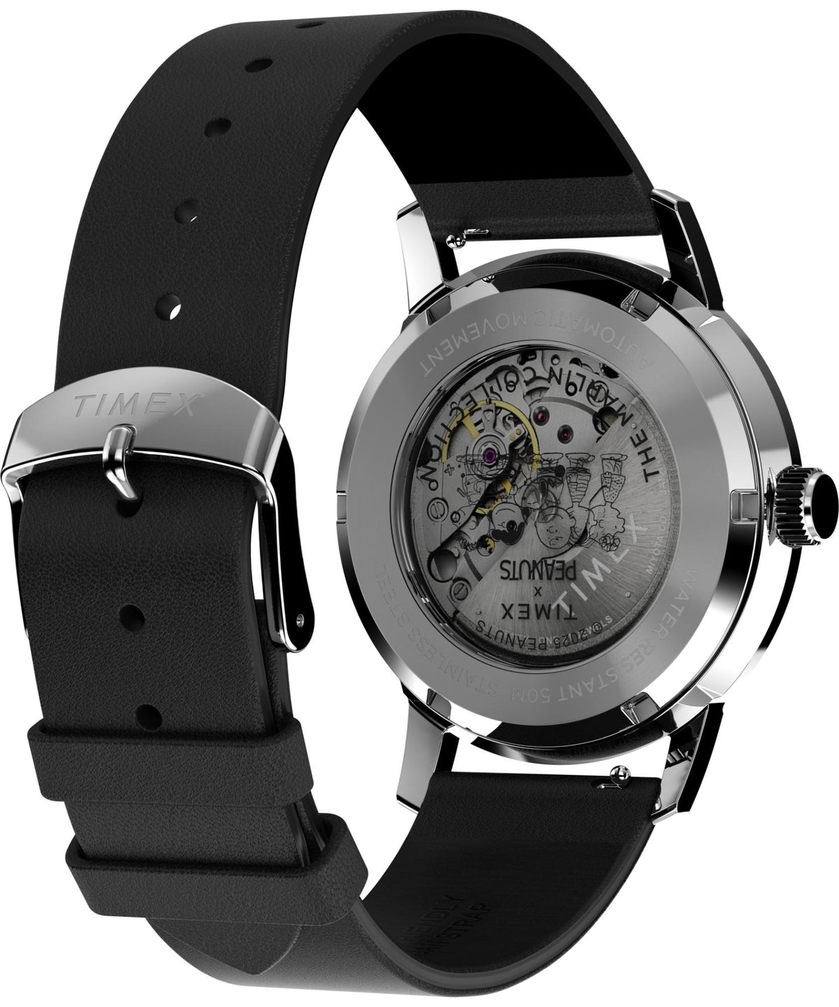 Timex Peanuts watch case back with visible gears and black leather strap