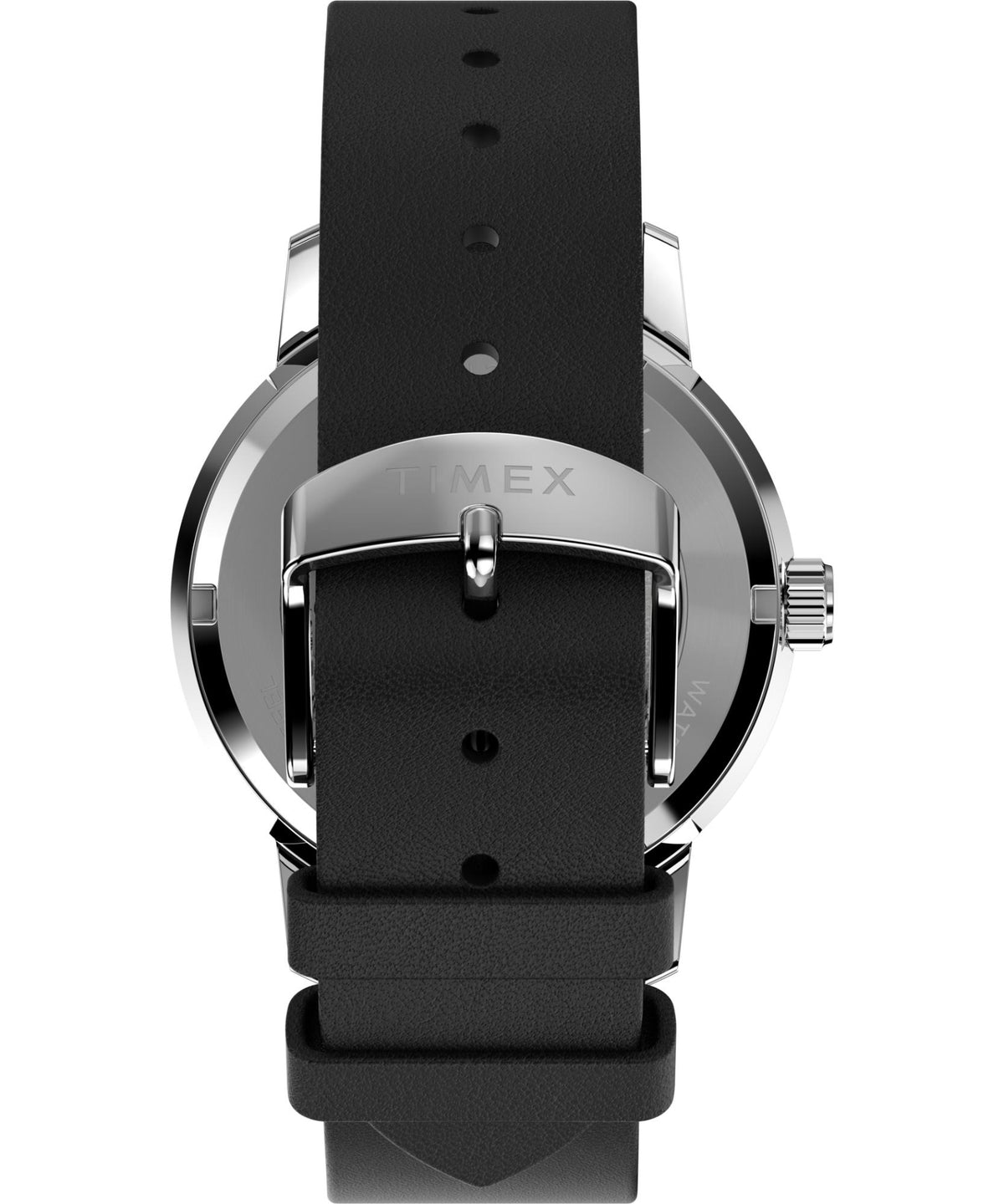 Timex Peanuts watch with black leather strap and silver case, front angle view