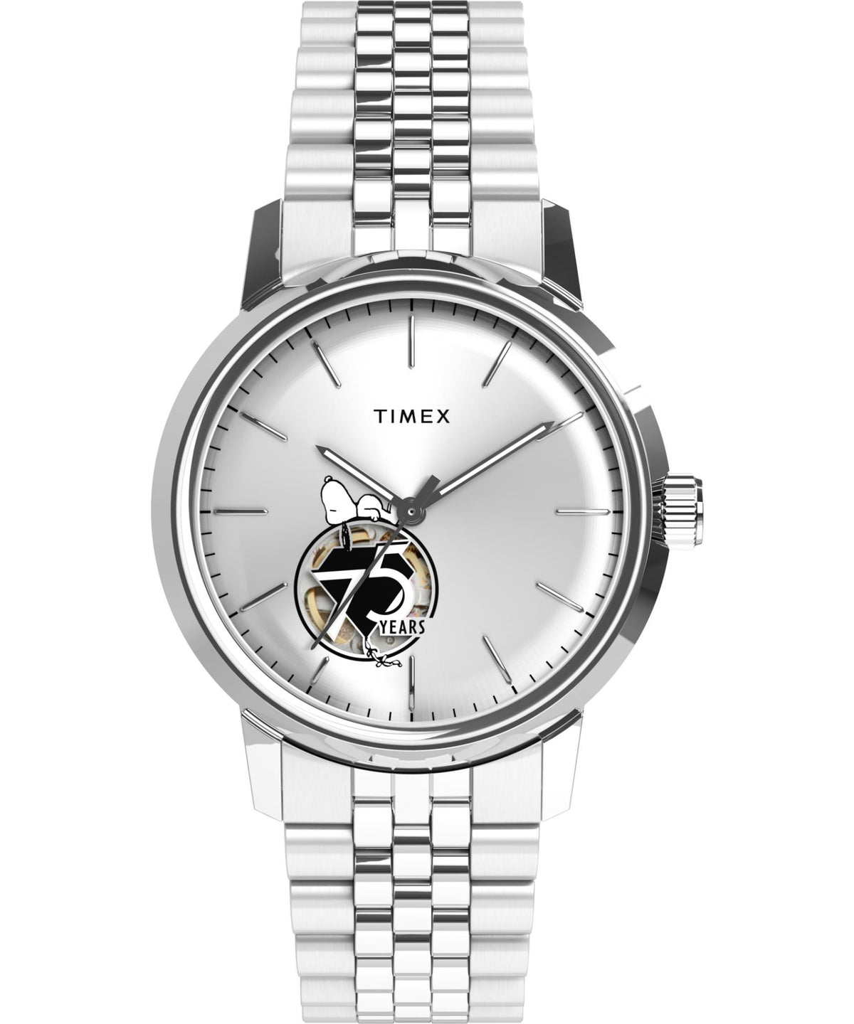Silver steel automatic wristwatch with white dial and 75 Years Snoopy graphic