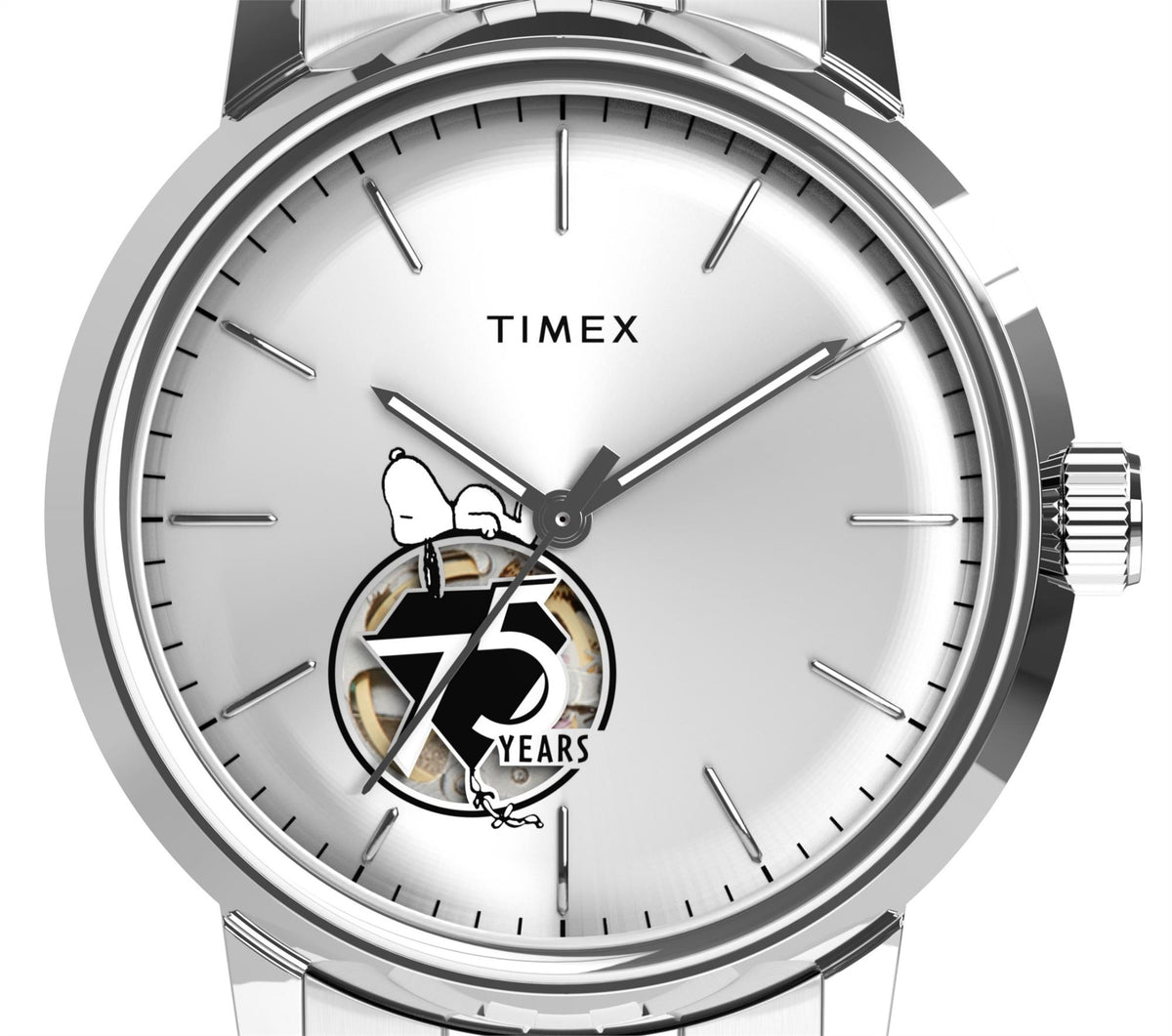 Silver steel automatic watch with white dial, Timex logo, and 75 Years Snoopy art