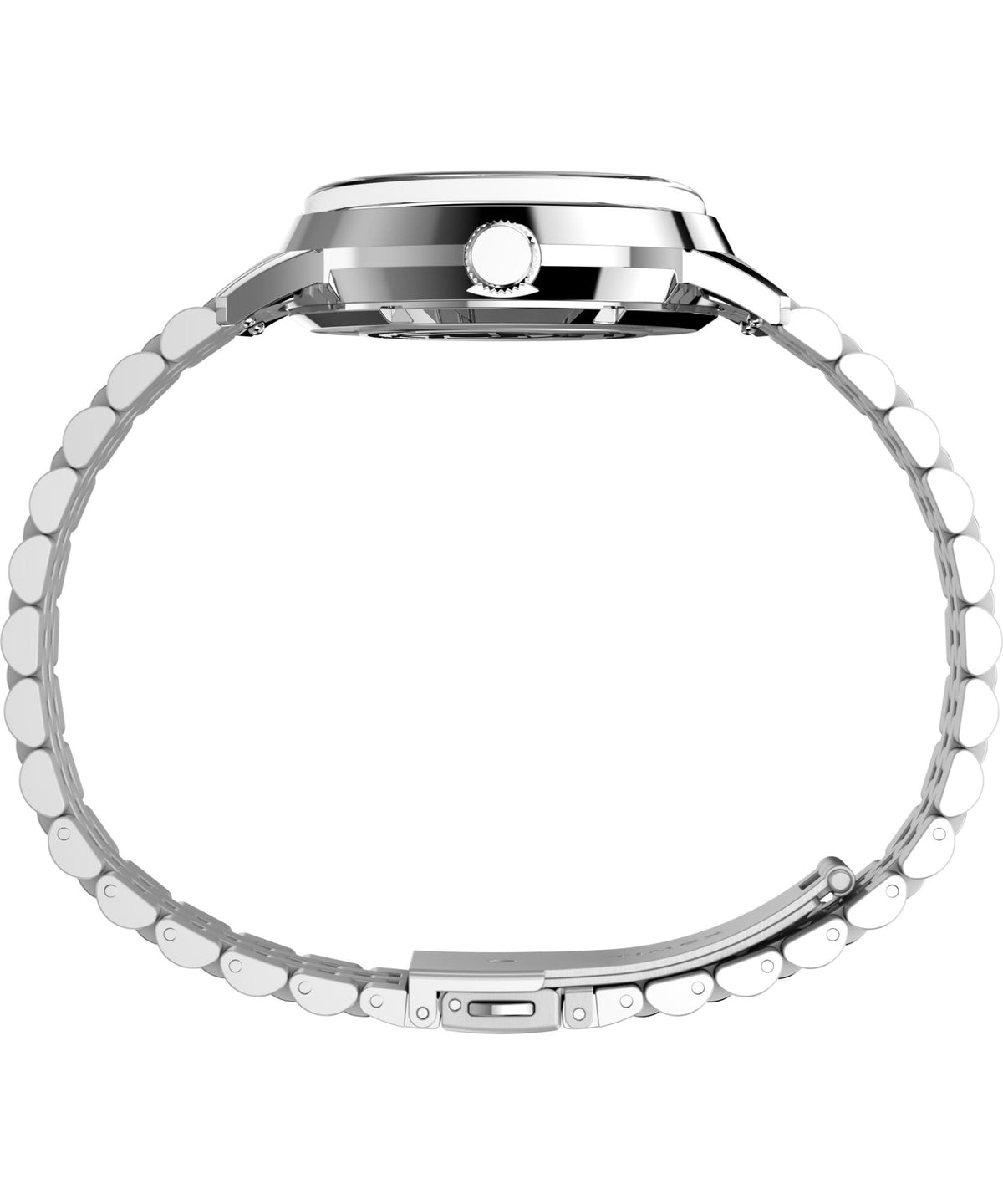 Silver steel watch case and bracelet, side view with crown at top