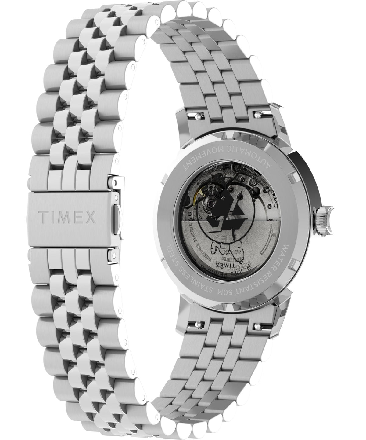 Silver steel automatic watch with exhibition-style caseback and Snoopy 75 Years motif