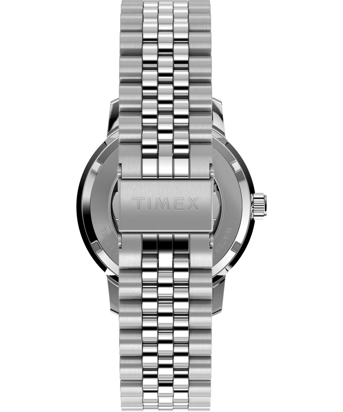 Silver steel wristwatch with white dial and bracelet link pattern, front view