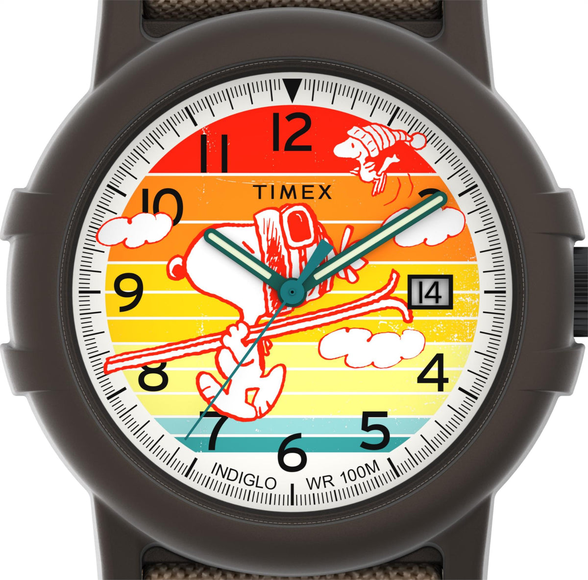 Men's quartz watch with multicolored comic dial, large numbers, gray case
