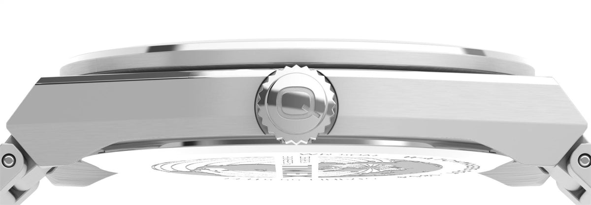 Timex men's quartz wristwatch steel case and crown, profile view