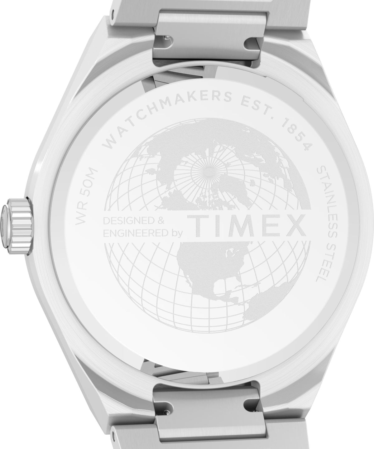 Timex men's quartz wristwatch stainless steel caseback with globe engraving