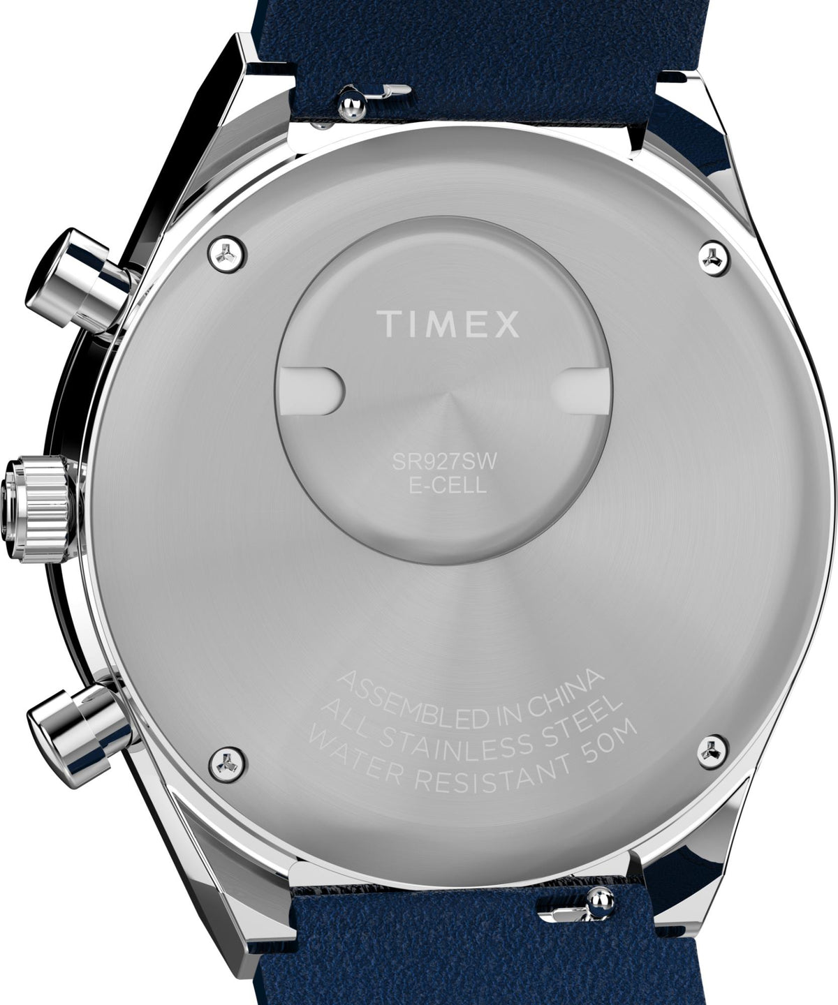 Stainless steel caseback with TIMEX logo and water resistance markings; blue leather strap