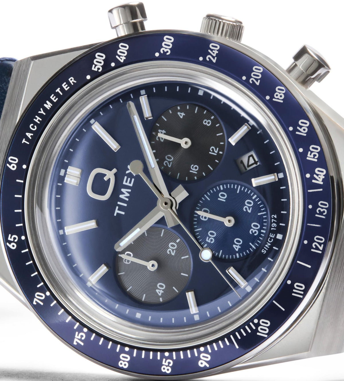 Blue chronograph dial men’s watch with tachymeter bezel, three subdials, silver hands