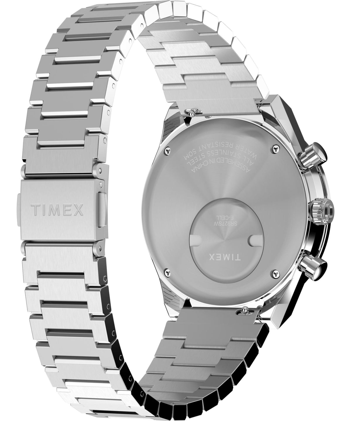 Timex Q TW2Y36200 stainless steel bracelet and caseback angled view