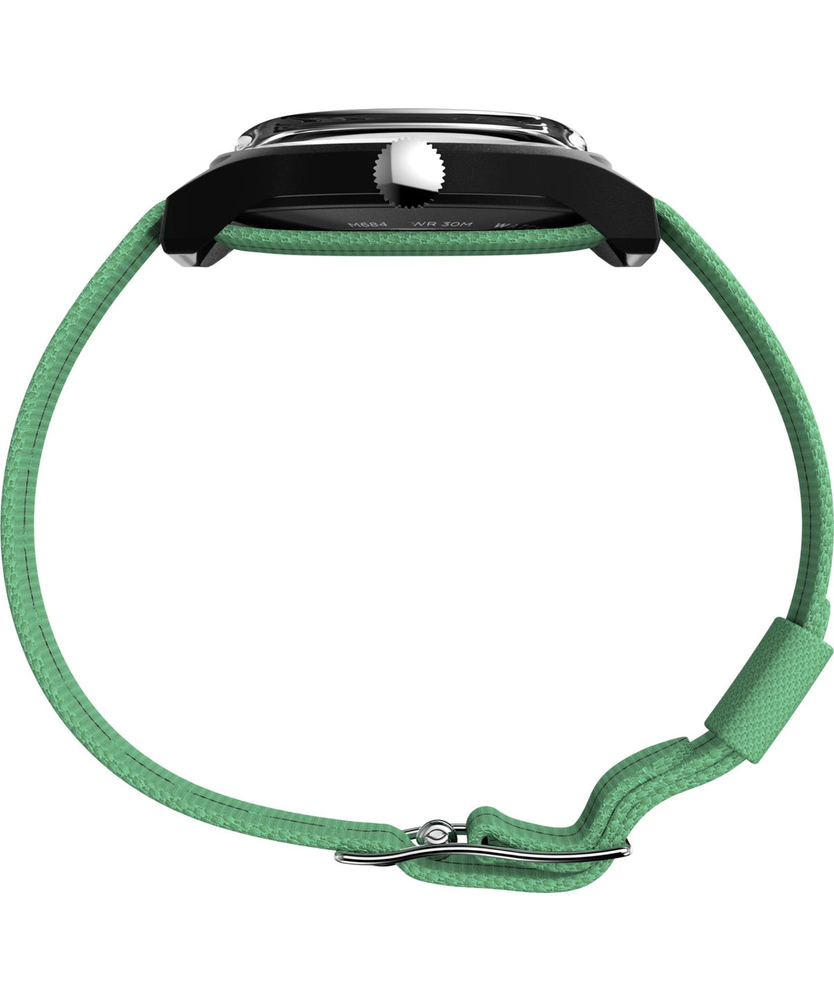 Green textile watch strap with metal buckle clasp and spring bars, black watch case underside