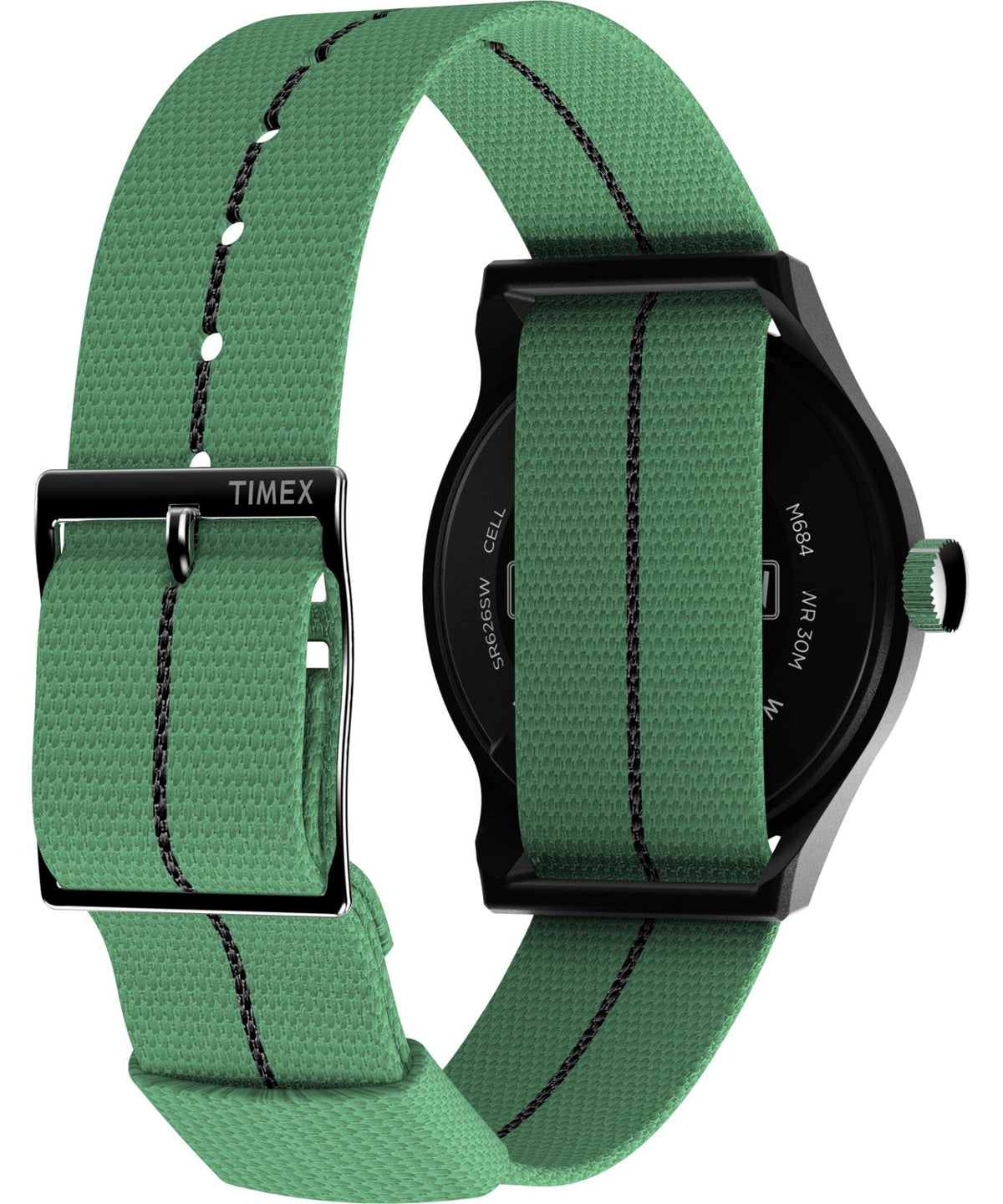 Timex watch on green woven textile strap with dark stitch line, black case and round crown