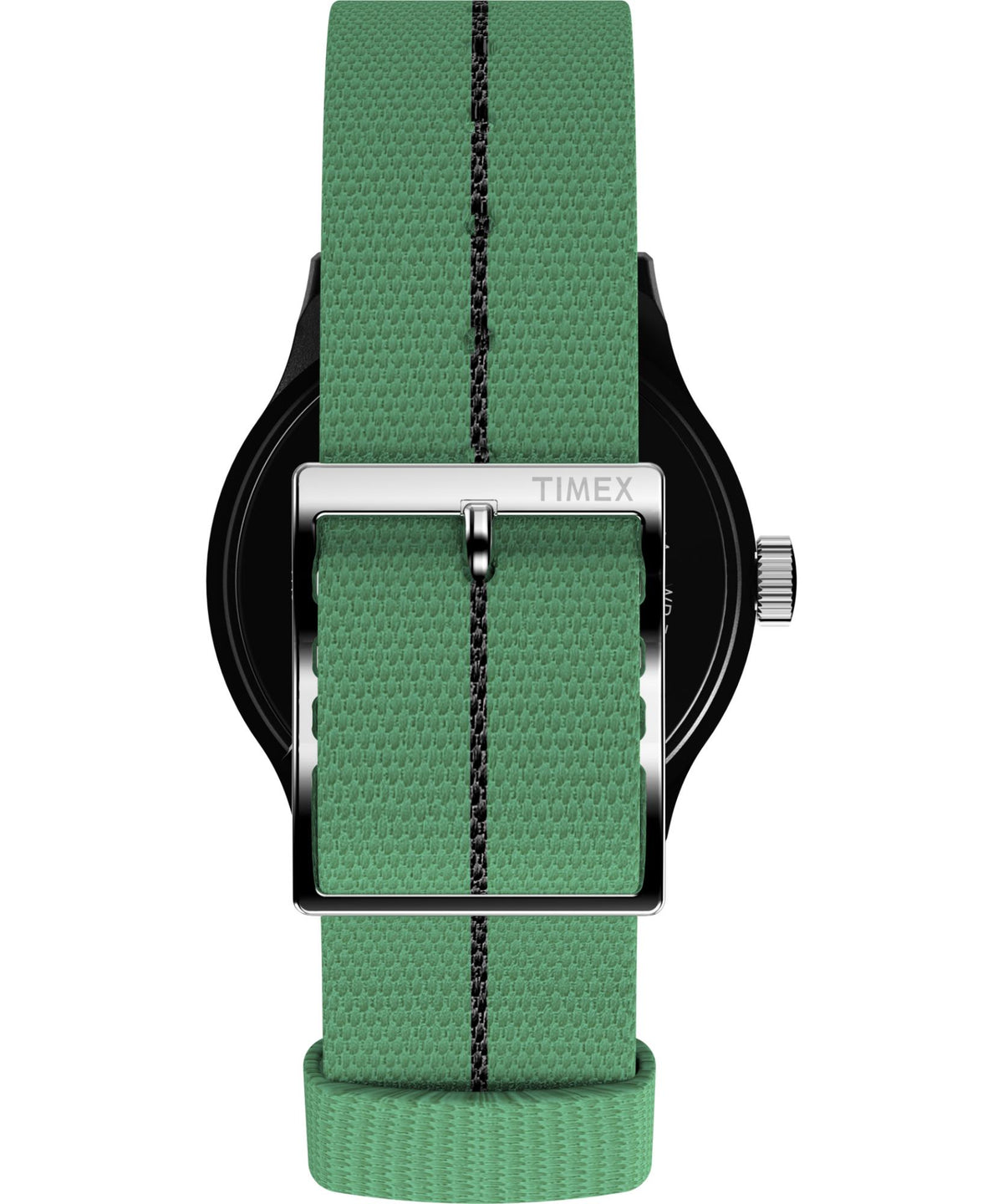 Green woven textile strap with dark center stripe and rectangular clasp, black case back shown