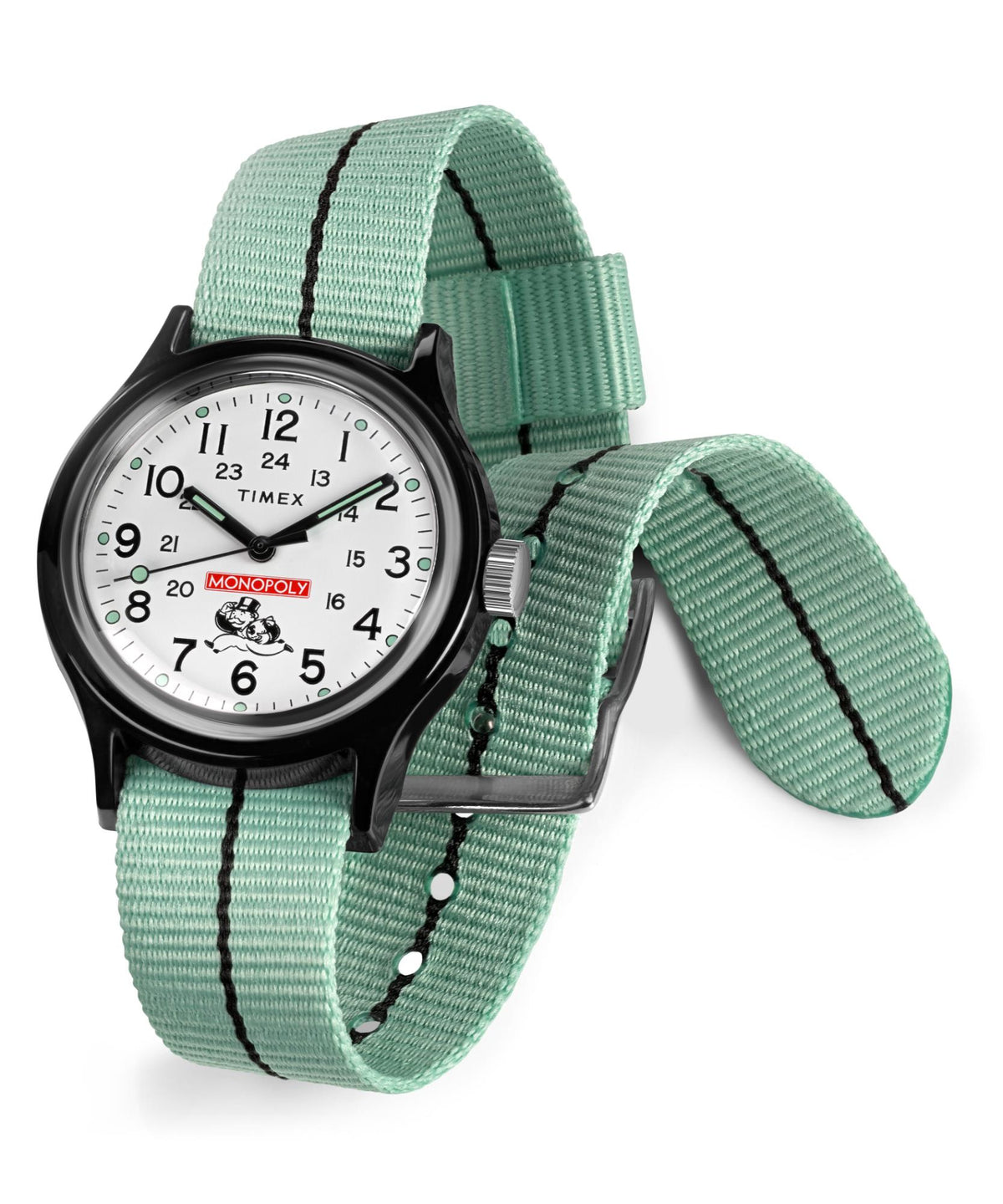 Timex watch with white dial and green textile strap, clasp and strap ends visible