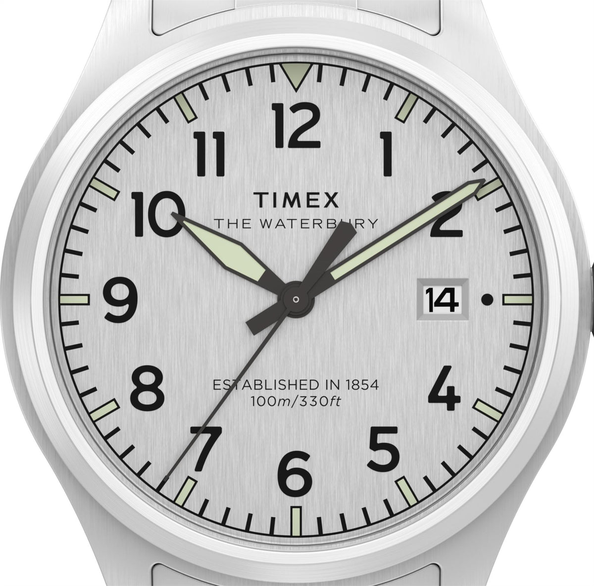 Waterbury 41mm men's quartz watch with silver dial and green-accent hands