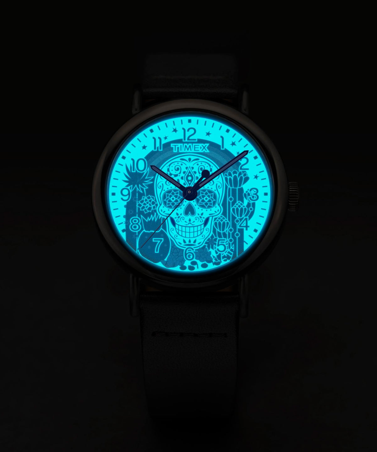 Timex Weekender 40mm quartz watch with blue glowing skull dial and black strap