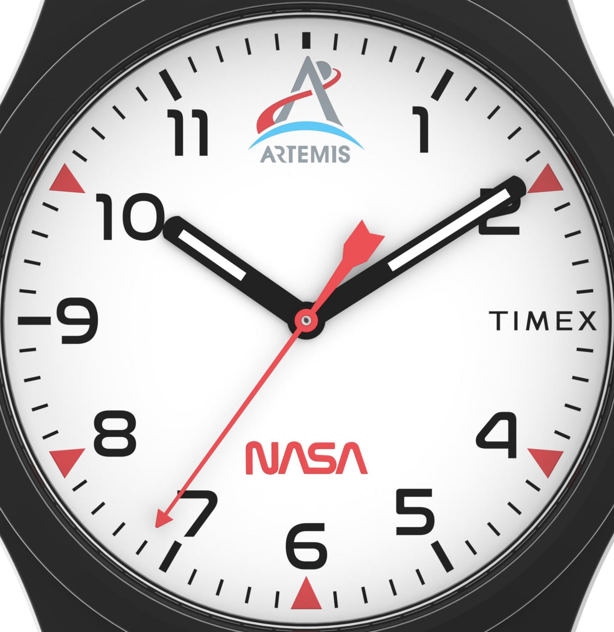 Quartz wristwatch with white dial, black case, orange hands and markers, NASA/Artemis text