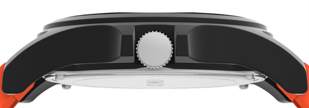 Quartz wristwatch side view: black case with crown and brushed metal underside