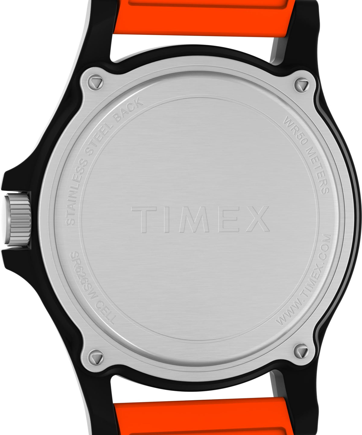 Quartz wristwatch back view with brushed silver caseback and orange silicone strap