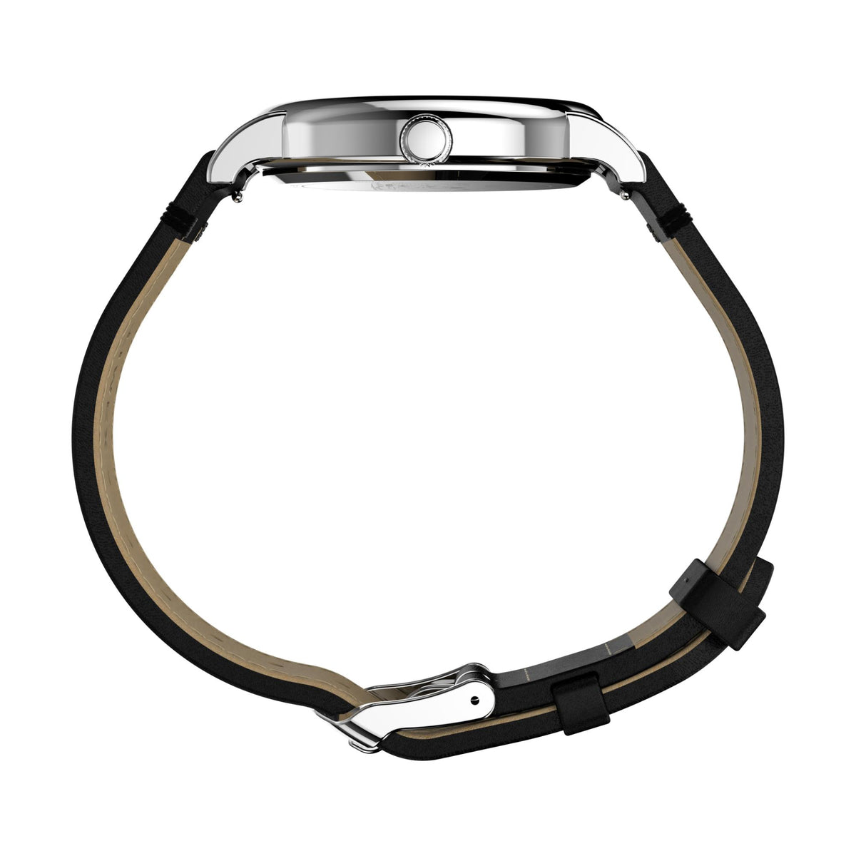 Timex Peanuts watch with black leather strap and silver-tone case, side view