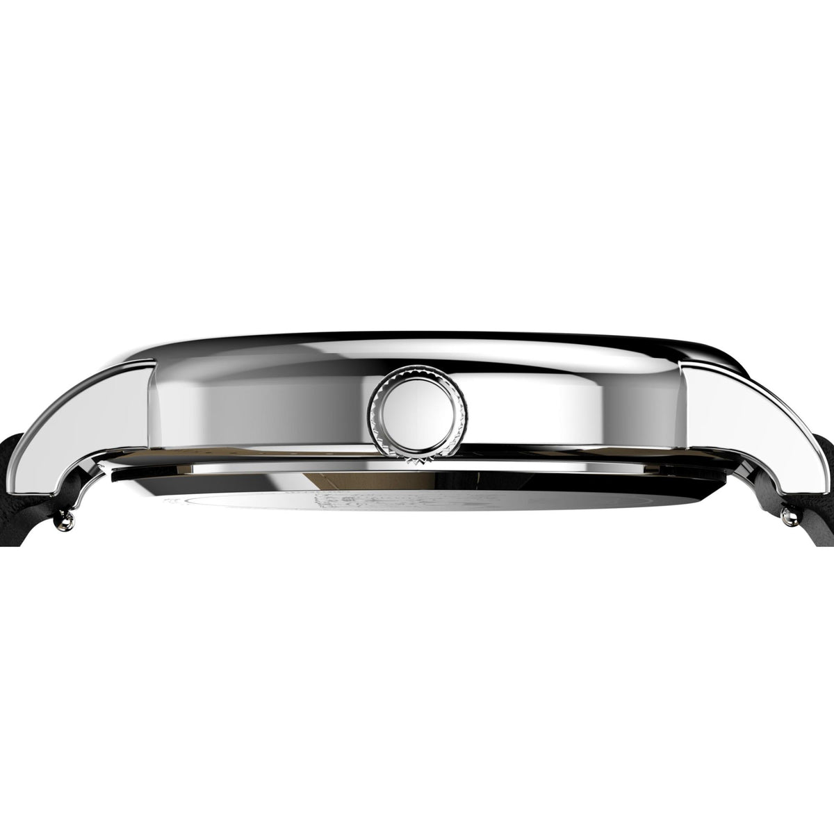 Timex Peanuts watch case profile with round crown and polished silver bezel